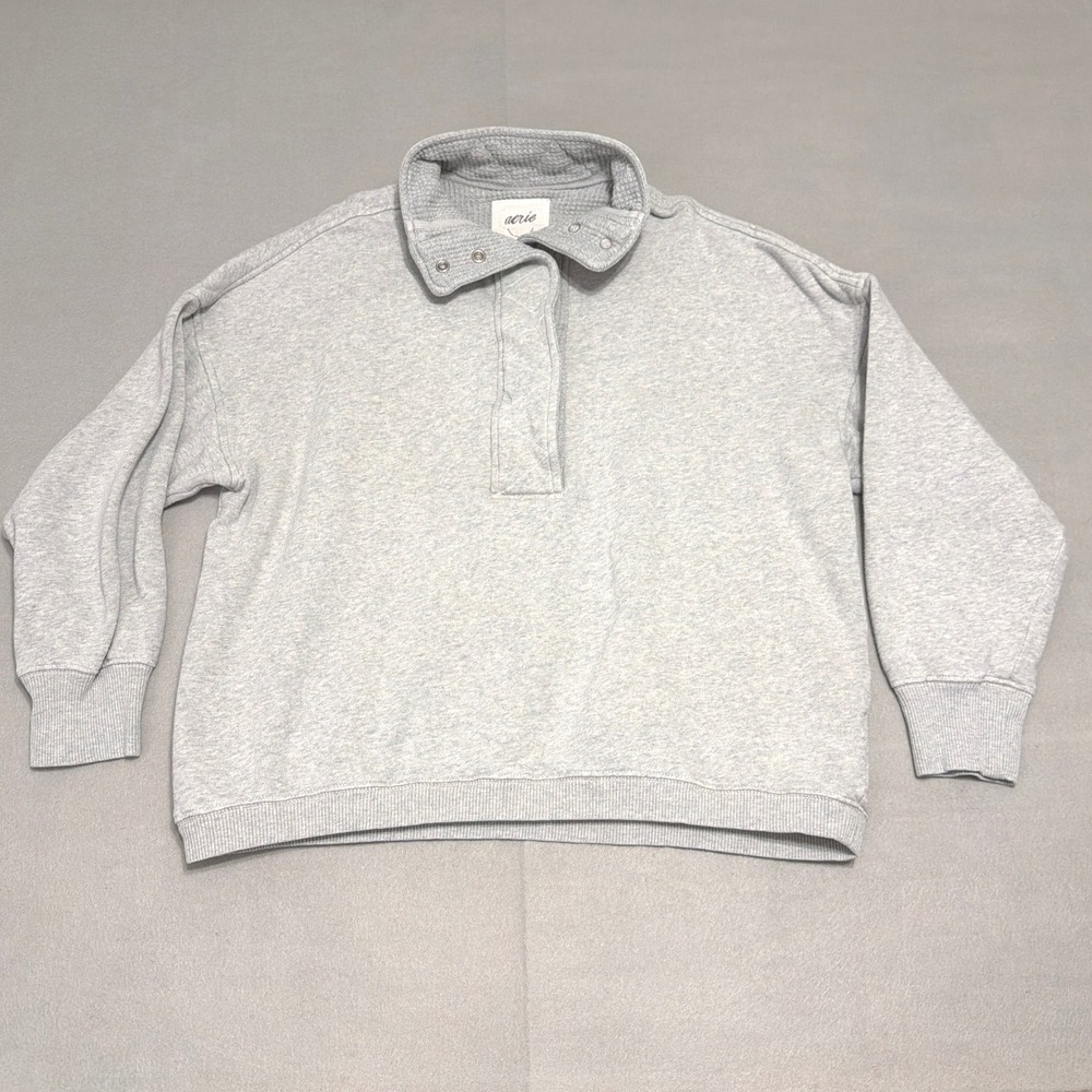 Aerie Womens Gray Quarter Snap Mock Neck Quilted Collar Sweatshirt Size S